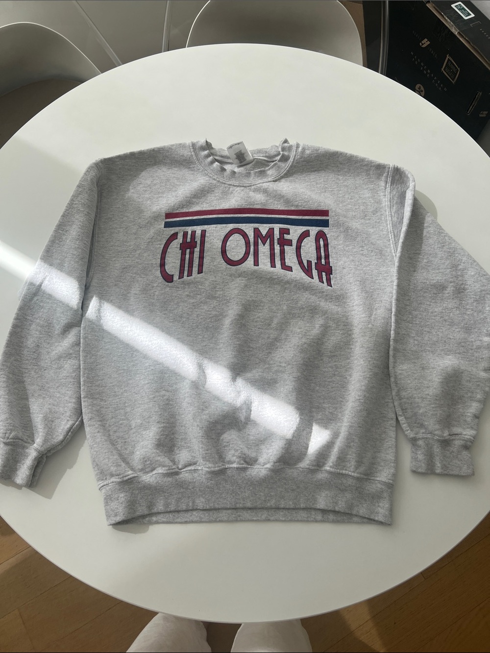 Gildan Grey Crewneck Sweatshirt with Maroon & Navy Chi Omega Logo